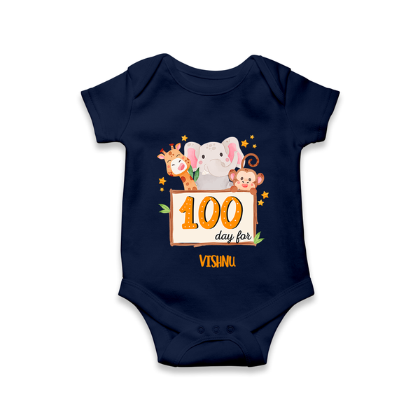 100 Days Old Romper | Personalized Baby Romper for 100 Days Milestone - NAVY BLUE - New Born (Chest 14")