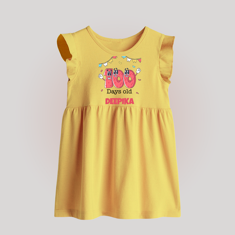 100 Days 100 | Personalized Baby Frock for 100 Days Milestone - PASTEL YELLOW - 0 - 3 Months Old (Chest 17")