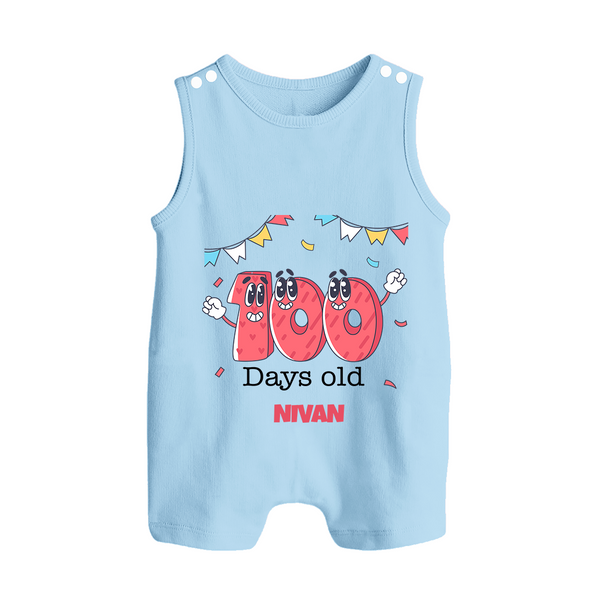 100 Days 100 | Personalized Baby Romper Suit for 100 Days Milestone - BABY BLUE - 0 - 5 Months Old (Chest 18")