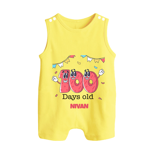 100 Days 100 | Personalized Baby Romper Suit for 100 Days Milestone - PASTEL YELLOW - 0 - 5 Months Old (Chest 18")
