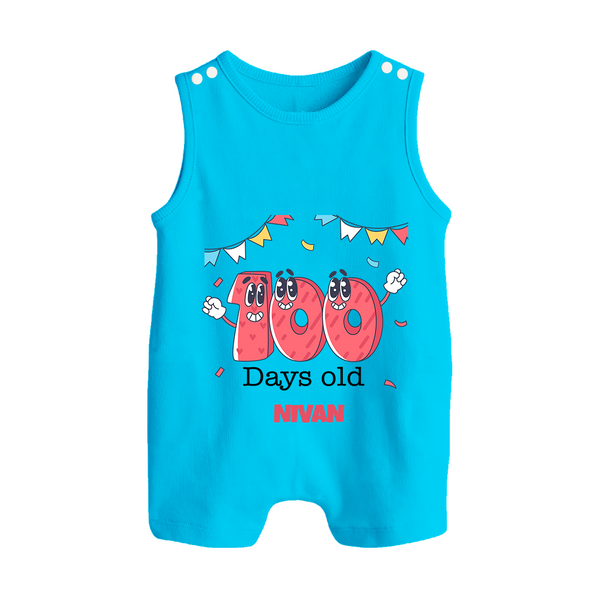 100 Days 100 | Personalized Baby Romper Suit for 100 Days Milestone - SKY BLUE - 0 - 5 Months Old (Chest 18")