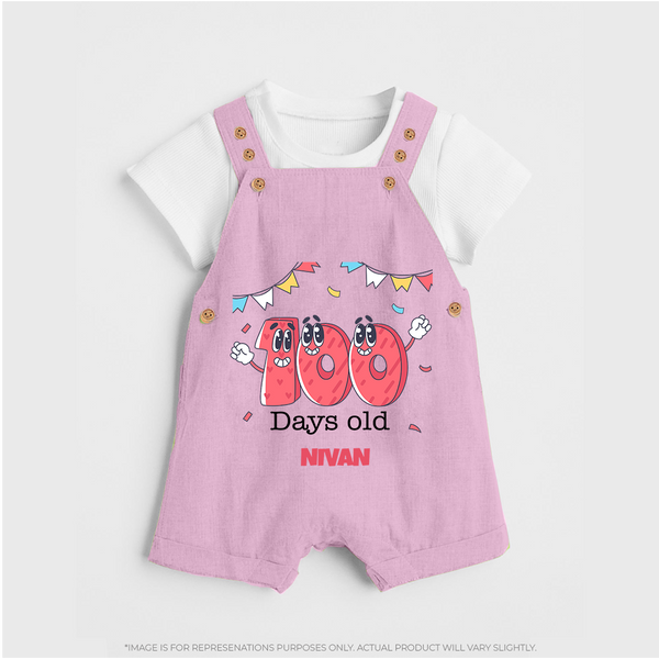 100 Days 100 | Personalized Baby Dungaree Set for 100 Days Milestone - BABY PINK - 0 - 5 Months Old (Chest 18")