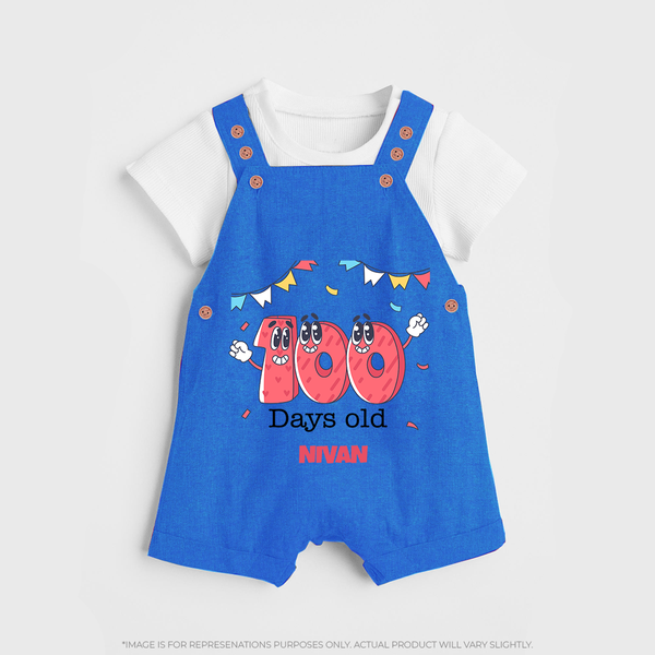100 Days 100 | Personalized Baby Dungaree Set for 100 Days Milestone - COBALT BLUE - 0 - 5 Months Old (Chest 18")