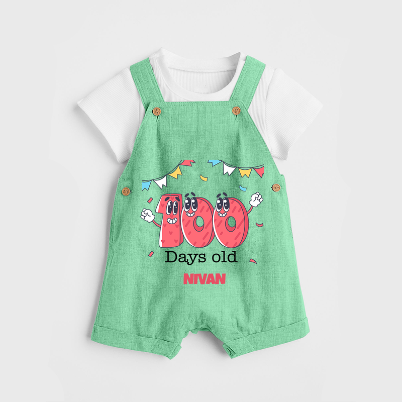 100 Days 100 | Personalized Baby Dungaree Set for 100 Days Milestone - GREEN - 0 - 5 Months Old (Chest 18")