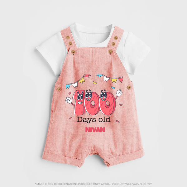100 Days 100 | Personalized Baby Dungaree Set for 100 Days Milestone - PEACH - 0 - 5 Months Old (Chest 18")