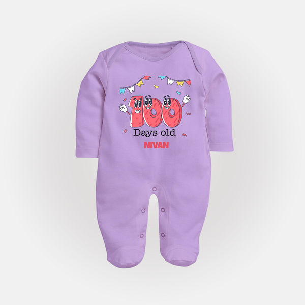 100 Days 100 | Personalized Baby Sleep Suit for 100 Days Milestone - LILAC - New Born (Chest 7.5")
