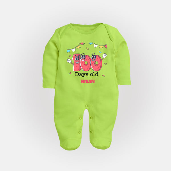 100 Days 100 | Personalized Baby Sleep Suit for 100 Days Milestone - LIME GREEN - New Born (Chest 7.5")