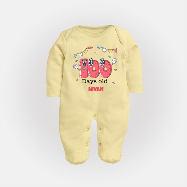 100 Days 100 | Personalized Baby Sleep Suit for 100 Days Milestone - PASTEL YELLOW - New Born (Chest 7.5")