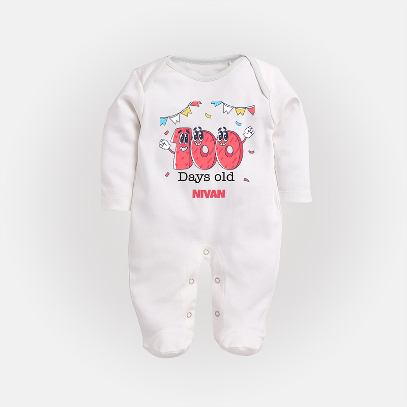 100 Days 100 | Personalized Baby Sleep Suit for 100 Days Milestone - WHITE - New Born (Chest 7.5")