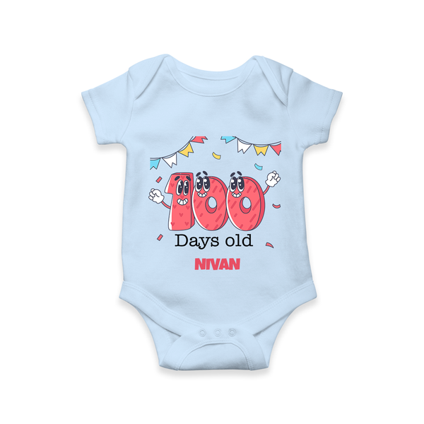 100 Days 100 | Personalized Baby Romper for 100 Days Milestone - BABY BLUE - New Born (Chest 14")