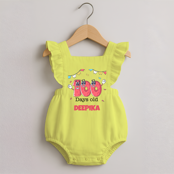 100 Days 100 | Personalized Baby Romper Frock for 100 Days Milestone - PASTEL YELLOW - 0 - 3 Months Old (Chest 19")