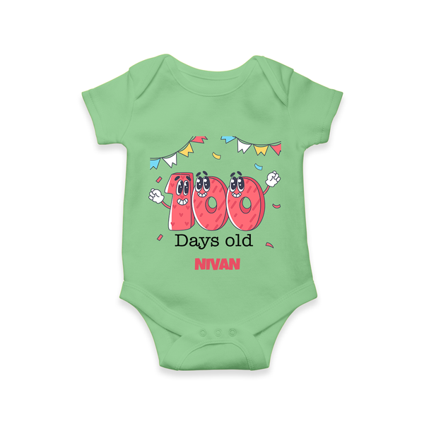 100 Days 100 | Personalized Baby Romper for 100 Days Milestone - GREEN - New Born (Chest 14")