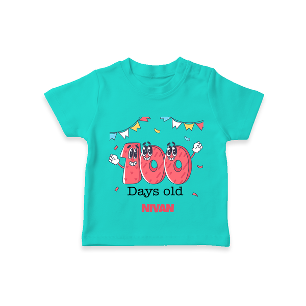 100 Days 100 | Personalized Baby T-Shirt for 100 Days Milestone - TEAL - 0-5 Months Old (Chest 17")