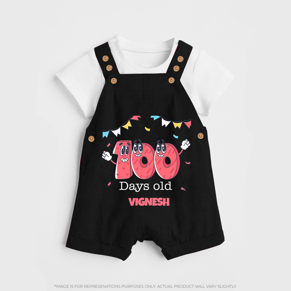 100 Days 100 | Personalized Baby Dungaree Set for 100 Days Milestone - BLACK - 0 - 5 Months Old (Chest 18")