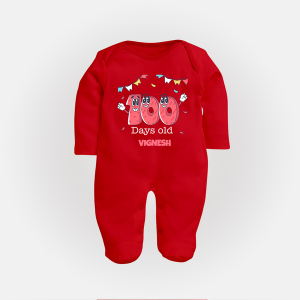 100 Days 100 | Personalized Baby Sleep Suit for 100 Days Milestone - RED - New Born (Chest 7.5")
