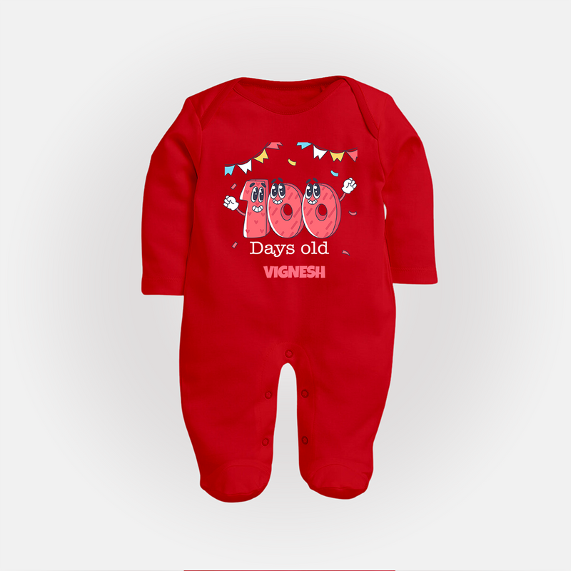 100 Days 100 | Personalized Baby Sleep Suit for 100 Days Milestone - RED - New Born (Chest 7.5")