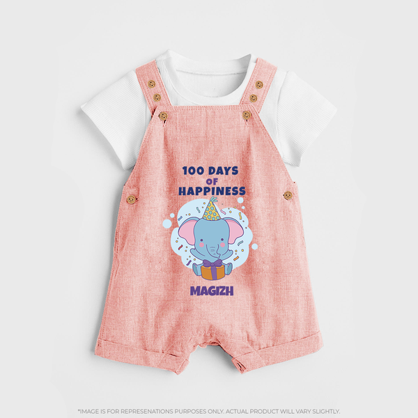 100 Days of Happiness Dungaree Set | Custom Baby Dungaree Set for 100 Days Celebration - PEACH - 0 - 5 Months Old (Chest 18")
