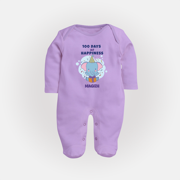 100 Days of Happiness Sleep Suit | Custom Baby Sleep Suit for 100 Days Celebration - LILAC - New Born (Chest 7.5")