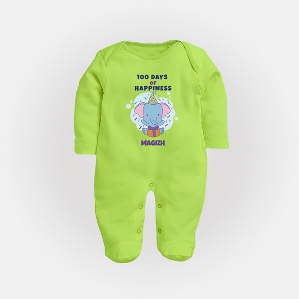 100 Days of Happiness Sleep Suit | Custom Baby Sleep Suit for 100 Days Celebration - LIME GREEN - New Born (Chest 7.5")