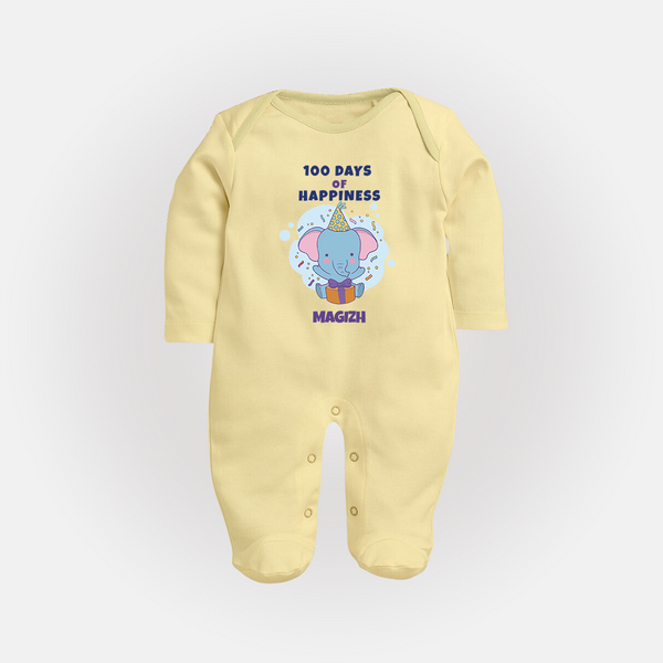100 Days of Happiness Sleep Suit | Custom Baby Sleep Suit for 100 Days Celebration - PASTEL YELLOW - New Born (Chest 7.5")