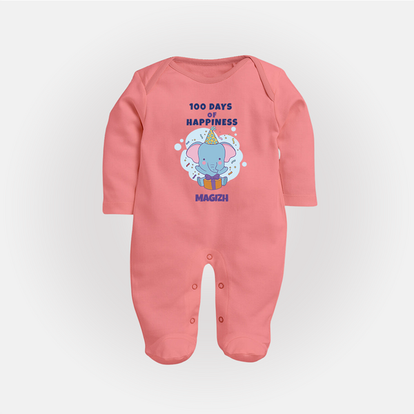 100 Days of Happiness Sleep Suit | Custom Baby Sleep Suit for 100 Days Celebration - PEACH - New Born (Chest 7.5")