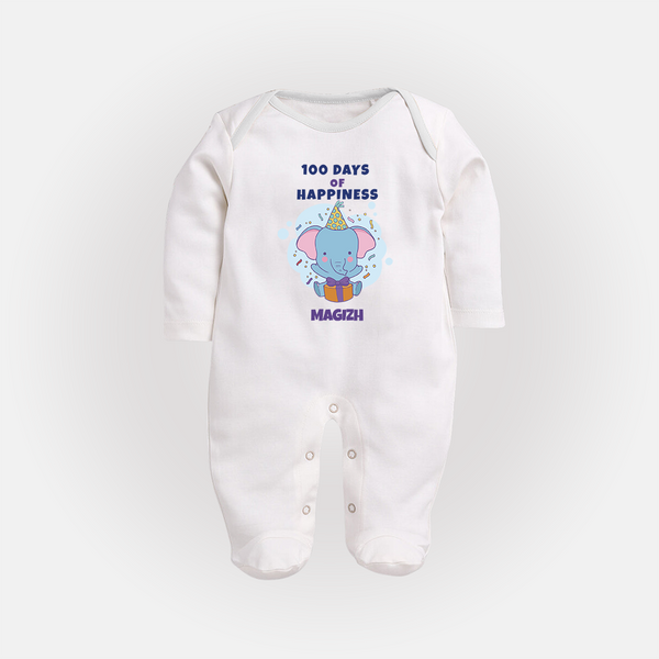 100 Days of Happiness Sleep Suit | Custom Baby Sleep Suit for 100 Days Celebration - WHITE - New Born (Chest 7.5")