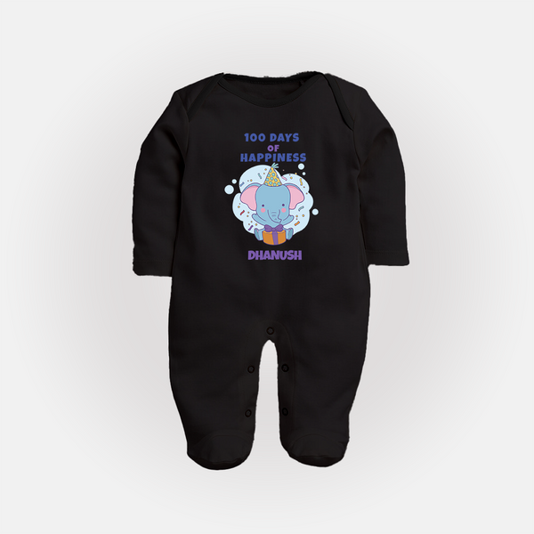 100 Days of Happiness Sleep Suit | Custom Baby Sleep Suit for 100 Days Celebration - BLACK - New Born (Chest 7.5")