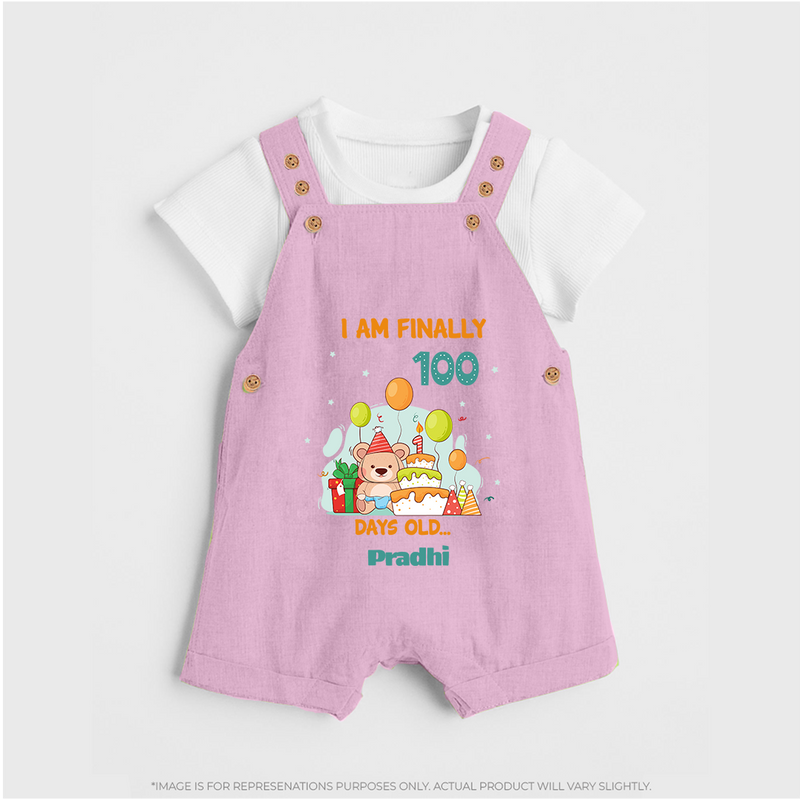 I Am Finally 100 Days Old Dungaree Set | Personalized Baby Dungaree Set for 100 Days - BABY PINK - 0 - 5 Months Old (Chest 18")
