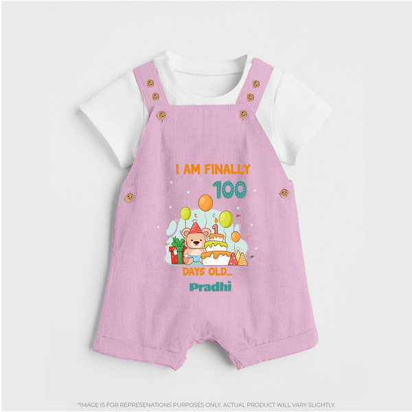 I Am Finally 100 Days Old Dungaree Set | Personalized Baby Dungaree Set for 100 Days - BABY PINK - 0 - 5 Months Old (Chest 18")