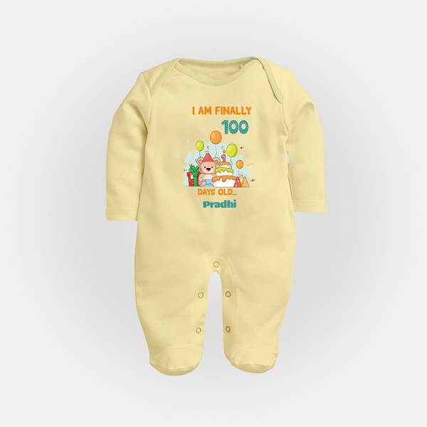 I Am Finally 100 Days Old Sleep Suit | Personalized Baby Sleep Suit for 100 Days - PASTEL YELLOW - New Born (Chest 7.5")
