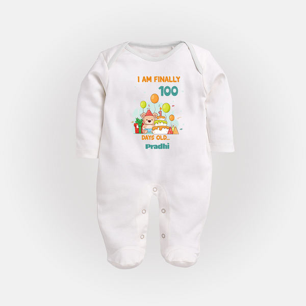 I Am Finally 100 Days Old Sleep Suit | Personalized Baby Sleep Suit for 100 Days - WHITE - New Born (Chest 7.5")