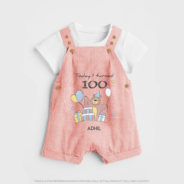 Today I Turned 100 Dungaree Set | Custom Baby Dungaree Set for 100 Days Celebration - PEACH - 0 - 5 Months Old (Chest 18")