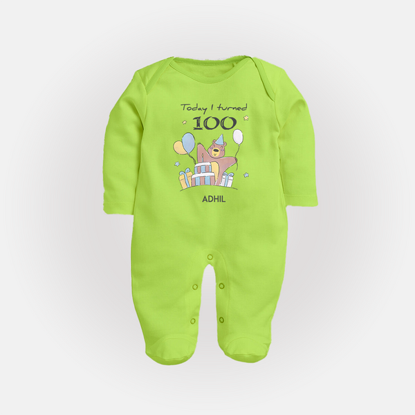 Today I Turned 100 Sleep Suit | Custom Baby Sleep Suit for 100 Days Celebration - LIME GREEN - New Born (Chest 7.5")