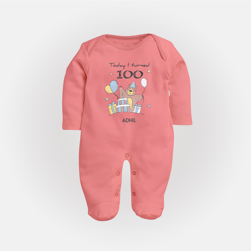 Today I Turned 100 Sleep Suit | Custom Baby Sleep Suit for 100 Days Celebration - PEACH - New Born (Chest 7.5")