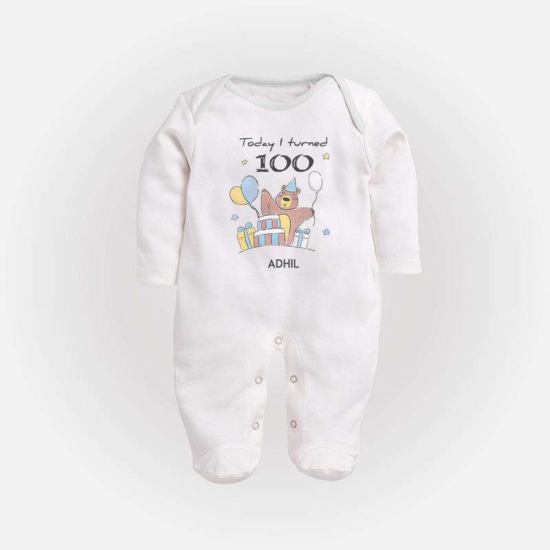 Today I Turned 100 Sleep Suit | Custom Baby Sleep Suit for 100 Days Celebration - WHITE - New Born (Chest 7.5")
