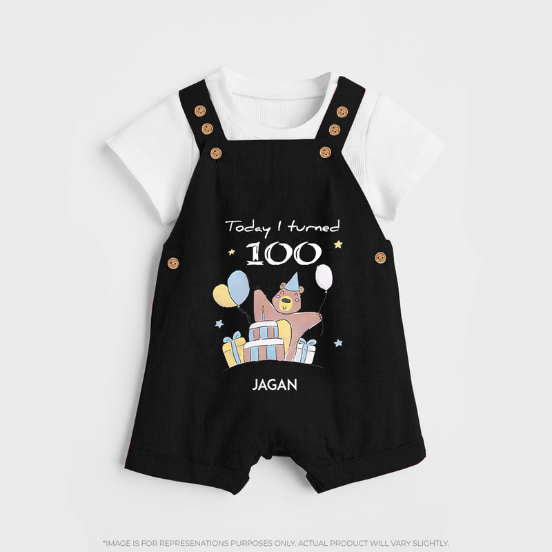 Today I Turned 100 Dungaree Set | Custom Baby Dungaree Set for 100 Days Celebration - BLACK - 0 - 5 Months Old (Chest 18")