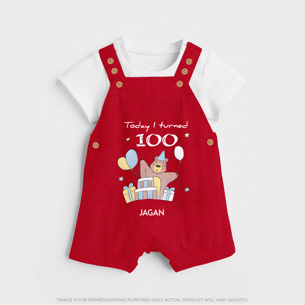 Today I Turned 100 Dungaree Set | Custom Baby Dungaree Set for 100 Days Celebration - RED - 0 - 5 Months Old (Chest 18")