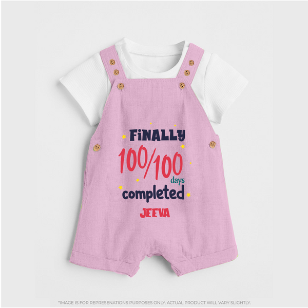 Finally 100/100 Days Completed Dungaree Set | Personalized Baby Dungaree Set for 100 Days - BABY PINK - 0 - 5 Months Old (Chest 18")