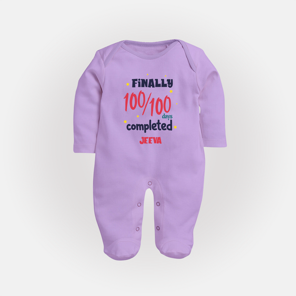 Finally 100/100 Days Completed Sleep Suit | Personalized Baby Sleep Suit for 100 Days - LILAC - New Born (Chest 7.5")