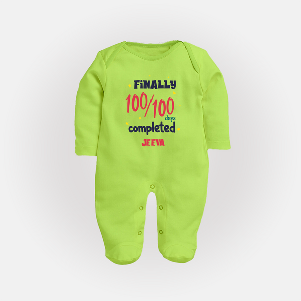 Finally 100/100 Days Completed Sleep Suit | Personalized Baby Sleep Suit for 100 Days - LIME GREEN - New Born (Chest 7.5")
