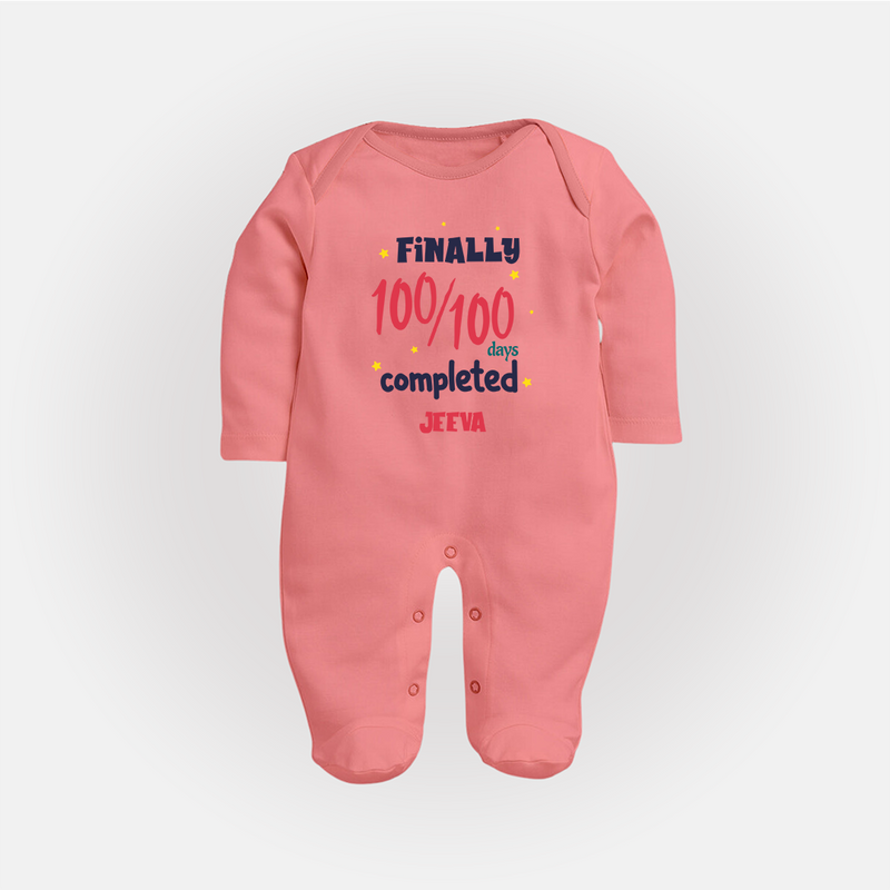 Finally 100/100 Days Completed Sleep Suit | Personalized Baby Sleep Suit for 100 Days - PEACH - New Born (Chest 7.5")