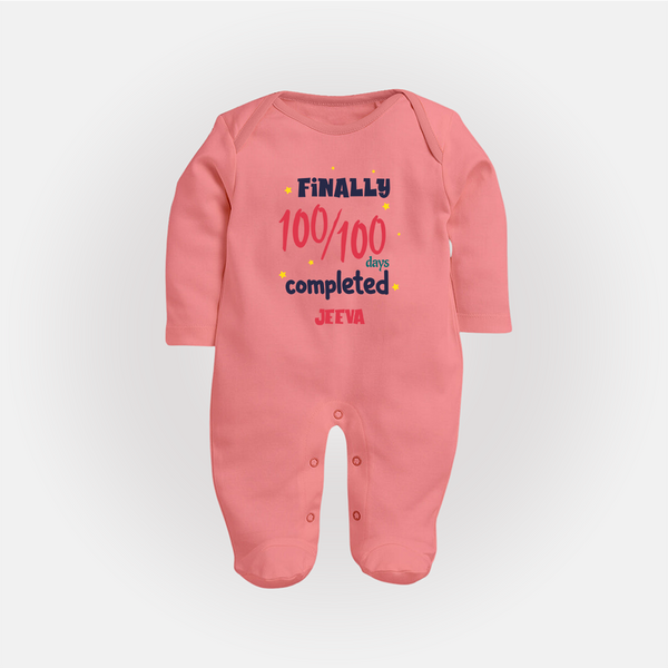 Finally 100/100 Days Completed Sleep Suit | Personalized Baby Sleep Suit for 100 Days - PEACH - New Born (Chest 7.5")