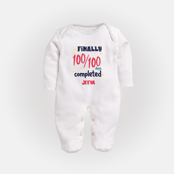 Finally 100/100 Days Completed Sleep Suit | Personalized Baby Sleep Suit for 100 Days - WHITE - New Born (Chest 7.5")