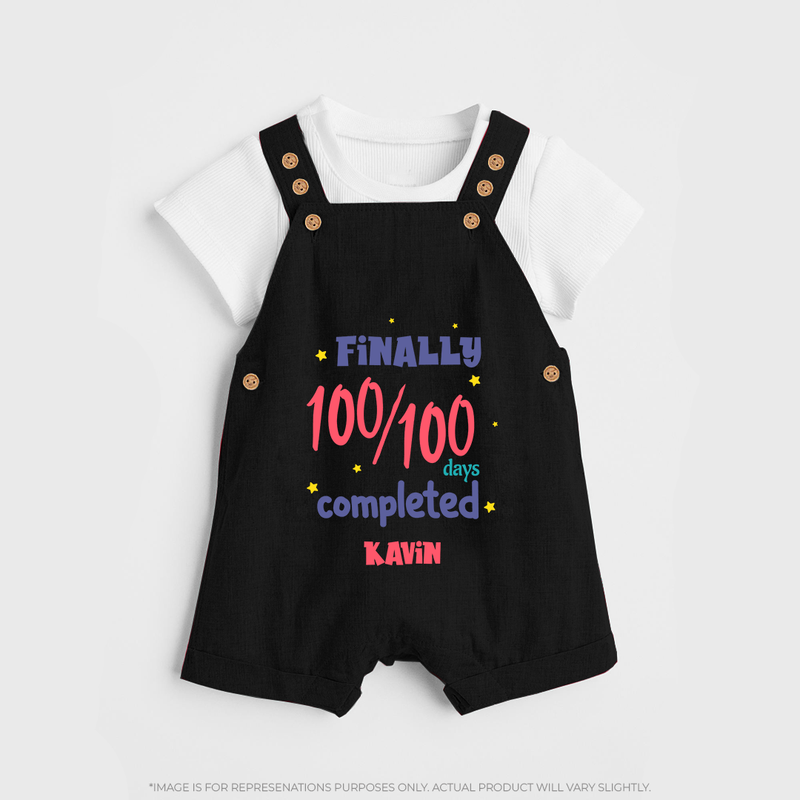 Finally 100/100 Days Completed Dungaree Set | Personalized Baby Dungaree Set for 100 Days - BLACK - 0 - 5 Months Old (Chest 18")
