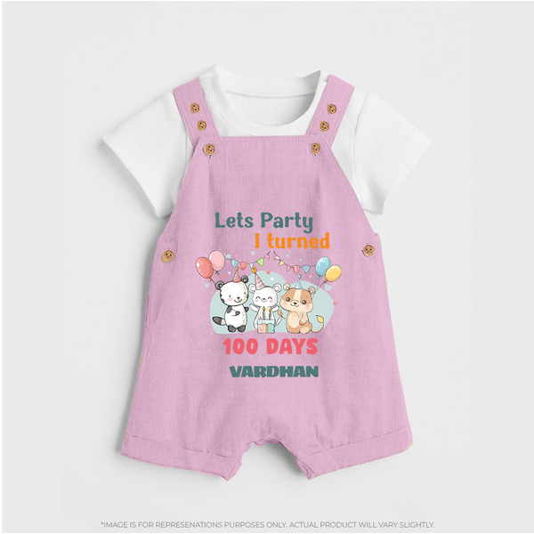 Let’s Party I Turned 100 Days Dungaree Set | Custom Baby Dungaree Set for 100 Days Celebration - BABY PINK - 0 - 5 Months Old (Chest 18")