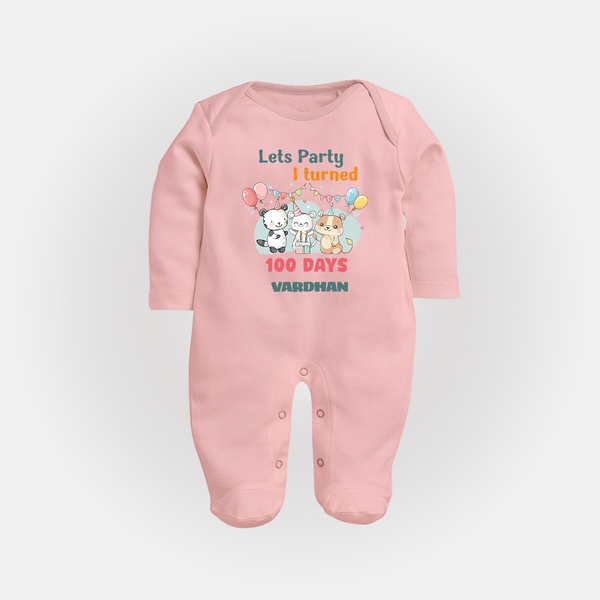 Let’s Party I Turned 100 Days Sleep Suit | Custom Baby Sleep Suit for 100 Days Celebration - BABY PINK - New Born (Chest 7.5")