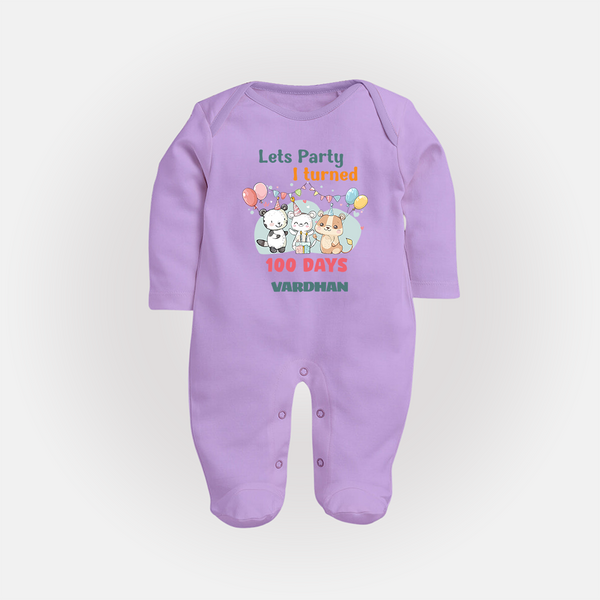 Let’s Party I Turned 100 Days Sleep Suit | Custom Baby Sleep Suit for 100 Days Celebration - LILAC - New Born (Chest 7.5")