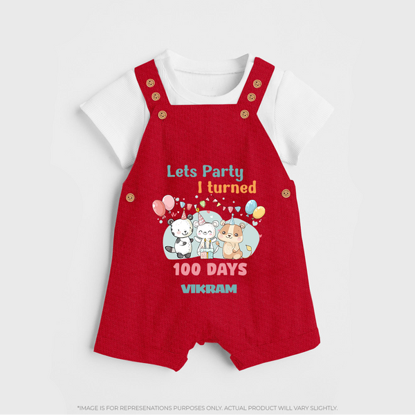 Let’s Party I Turned 100 Days Dungaree Set | Custom Baby Dungaree Set for 100 Days Celebration - RED - 0 - 5 Months Old (Chest 18")