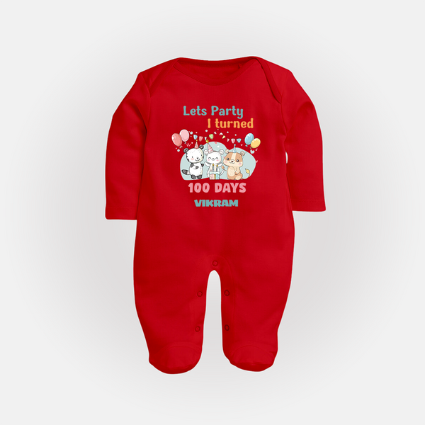 Let’s Party I Turned 100 Days Sleep Suit | Custom Baby Sleep Suit for 100 Days Celebration - RED - New Born (Chest 7.5")