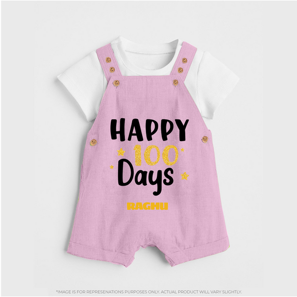 Happy 100 Days Dungaree Set | Personalized Baby Dungaree Set for 100 Days - BABY PINK - 0 - 5 Months Old (Chest 18")